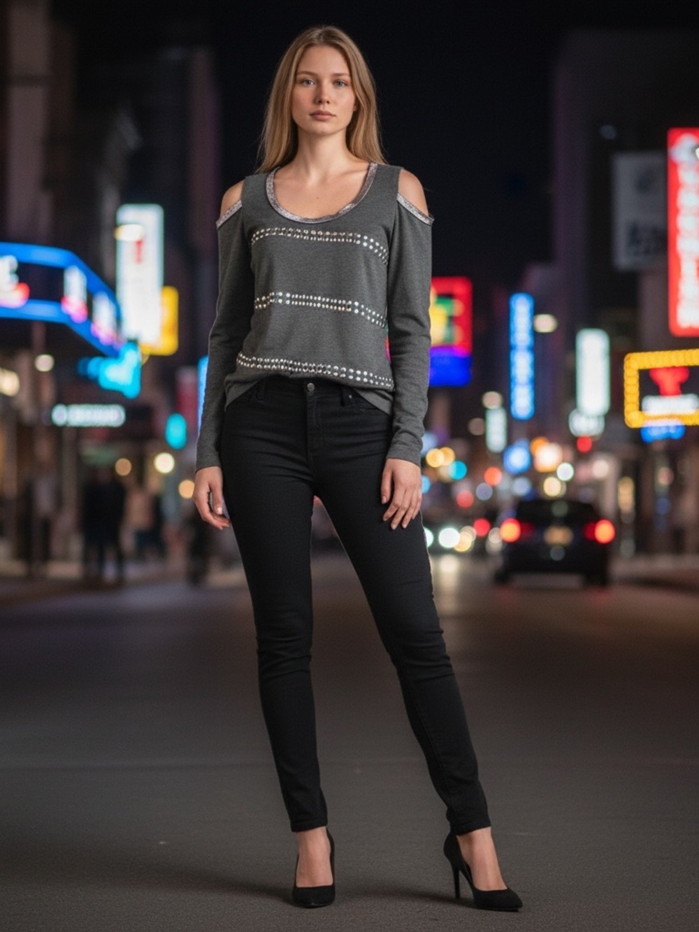 Cold-Shoulder Studded Grey Women's Skinny Top